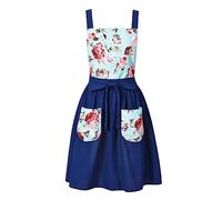 Pinknoke Vintage Pinafore Apron Dress for Women with Pockets Cute Floral Chef Aprons for Kitchen Cooking Baking Gardening, Navy, Medium