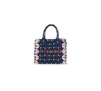 Pinko Canvas Shopping Bag, Navy Blue with Paisley Pattern, Multicolour Fringe, 38 x 29.5 x 16 cm, Zip Closure