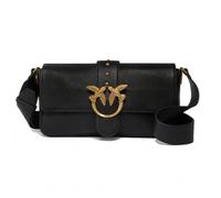 PINKO Love One Mini Slouchy Bag, Black Leather with Golden Birds Charm, 22 x 15 x 7 cm, Shoulder Strap with Rhinestones
