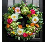 Pinkpuii Spring Wreaths for Front Door 24 Inch Vibrant Summer Peony Hydrangea Floral Wreath Artificial Green Eucalyptus Wreath with Realistic Orange Berry- Ideal for Porch,Mantel,Home Wall Decor