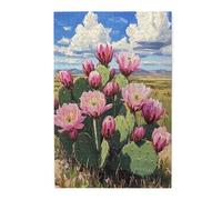 Pinks Cactus Bloom Desert Scene 500 Piece Adults Wooden Jigsaw Puzzle,Western Artwork,Exploratory Hobbies and Challenges,Great for Relaxation and Display for Puzzles Enthusiast