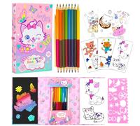 PinkSheep Cat Coloring Pads Kit for Girls, Cute Book With 30 Pages/10 Rainbow Scratch Papers/16 Colored Pencils for Drawing Painting, Travel Kit for Kids Girls Ages 3-12