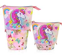 PinkSheep Cute Telescopic Pencil Pen Holder Case, Stand-up Retractable Transformer Pouch Colorful Organizer, Dual-Use Canvas Storage Stationery Bags with Zipper for Kids Students Office