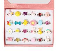 PinkSheep Easter Rings for Little Girl, 24pcs Adjustable Dress Up Ring with Cute Easter Eggs, Chicken, Rabbit, Unique Designs Girls Pretend Play Jewellery in Box