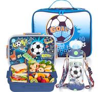 PinkSheep Kids Bento Lunch Box Set with 1200 ml Leak-Proof Lunch Containers with 3 Compartments, 22oz BPA-Free Water Bottle, Insulated Lunch Bag for School Kids Girls Boys (Football)