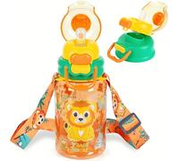 PinkSheep Kids Water Bottle with Lanyard, 600ml Double Drinking Spouts with Straw & Drinking Directly, BPA Free Leak-Proof Locking Flip Lid Bottle for Kids Girls Boys School Sport Travel (Lion)