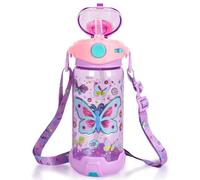 PinkSheep Kids Water Bottle with Straw/Lanyard, 650ml Child Drinking Water Bottle, BPA Free Leak-Proof Locking Flip Lid for Kids Girls Boys School Sport Travel (Butterfly)