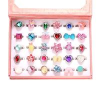 PinkSheep Little Girl Jewel Rings in Box, Adjustable, No duplication, Girl Pretend Play and Dress Up Rings (30 Jewel Ring)