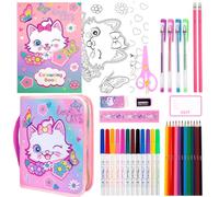 PinkSheep Markers Set With Glitter Cat Pencil Case & Stationery, Art Supplies Coloring Kits for Kids Ages 4-12, Birthday Gifts for Girls