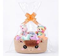 PinkSheep Woven Gift Basket, Storage Basket with Gift Bags and Pull Bows/Ribbons, Empty Decorative Gift Box for Kids, Hamper Gift Baskets for Baby Shower, Birthday, Christmas,Halloween