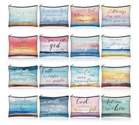 Pinkunn 16 Pcs Canvas Cosmetic Bag Bulk Inspirational Quotes Makeup Bags with Zipper Encouragement Travel Toiletry Pouch Appreciation Gift for Father's Day Graduation Summer Wedding, multicolor, Bible
