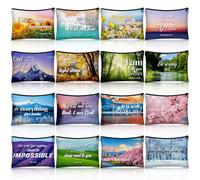 Pinkunn 16 Pcs Christian Canvas Makeup Bags Bulk Gifts for Women Inspirational Religious Cosmetic Bag Zipper Bible Verse Pencil Pouch for Teacher Women Travel Toiletry Gift(Landscape)