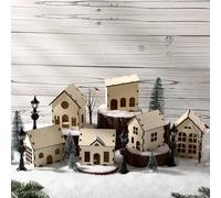 Pinkunn 19 Pcs DIY Christmas Village Sets Mini Wooden Village Houses Fake Tree Streetlights Bird Trees Snow Powder for Winter Xmas Party Decorations Crafts Gifts