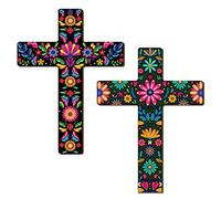 Pinkunn 2 Pcs Mexican Cross Wall Decor Floral Day of The Dead Decoration Hand Painted Wood Wall Art Día De Los Muertos Altar Decorations Spanish Cross Decor for Home (Floral)