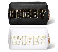 Pinkunn 2 Pcs Wifey Hubby Makeup Bag Bride Patch Cosmetic Bag Mrs Travel Toiletry Purse White Letter PU Leather Waterproof Pouch Wedding Bridal Shower Honeymoon Gift for Women Party Organizer