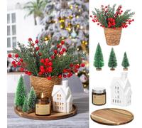 Pinkunn 25 Pcs Christmas Wooden Decorative Tray Set with Round Wood Tray Scented Candles Ceramic Village House Mini Xmas Trees Pine Leaves Red Berries Rattan Flower Pot Xmas Decor for Home