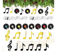 Pinkunn 29 Pcs Christmas Music Ornament Music Notes Retro Record Treble Clef Christmas Decorations with Musical Ribbon Hanging Ornament for Xmas Tree Party Decorations