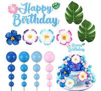 Pinkunn 59 Pcs Pink Blue Cake Topper with Foam Balls Faux Flowers Leaves Hawaiian Cake Decoration Birthday Baby Shower Supplies