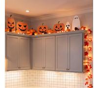 Pinkunn 7 Pcs Fall Decor for Home 6 Halloween Wooden Pumpkin Ghost Signs 1 Fall Maple Leaf String Light Garland Total 9.8ft 20 LED Battery Operated for Cabinet Shelf Autumn Halloween Farmhouse Decor