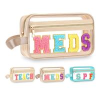 Pinkunn Chenille Letter Bag Clear Makeup Pouch Cute Preppy Letter Patch Cosmetic Bag with Zipper Nylon Waterproof Portable Travel Purse Toiletry Organizer for Appreciation Gift, Beige, Meds