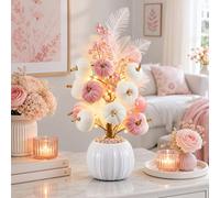 Pinkunn Fall Pumpkin Tree Decor 18 Inch Pink White Plush LED Centerpiece | Fall Accent, LED Lighted, Plush Velvet, Thanksgiving, Pink White, Tabletop Decor