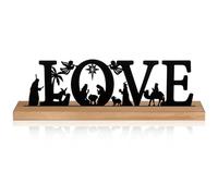 Pinkunn Metal Nativity Sets for Christmas Decorations Black Metal Nativity Scene with Wooden Base for Christmas Xmas Home Indoor Office Kitchen Table Shelf Mantel Tabletop Decor (Love)