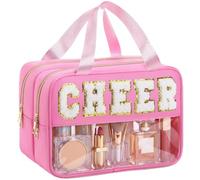 Pinkunn Rose Red Makeup Bag Large Clear Chenille Letter Cheer Bags Double Zipper Layer Waterproof Nylon Cosmetic Bag with Wet Dry Separation Travel Toiletry Organizer Pouch for Women Girls