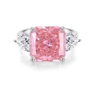 Pinky Rings for Women, Silver Wedding Bands with 12X12mm Square Lab Created Pink Sapphire and Heart Moissanite 18K White Gold Size M 1/2