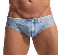 PINKY SENSON Men's Swim Briefs 3D Denim Print Quick-Dry Swimwear Drawstring Low-Rise Beach Shorts for Pool Surfing, Light Blue, XL