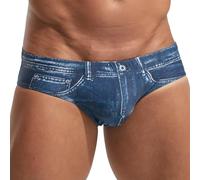 PINKY SENSON Men's Swim Briefs 3D Denim Print Quick-Dry Swimwear Drawstring Low-Rise Beach Shorts for Pool Surfing, Navy Blue, XL