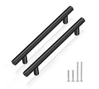 PinLin 5 Pack Kitchen Door Handles 128mm Hole Centre Flat Black Cabinet Handles Stainless Steel Cupboard T Bar Handle (Screws Included)