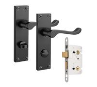 Pinlin Bathroom Matte Black Door Handles, Elegant Door Handle Set, Victorian Scroll Door Lever with 45mm Sashlock Latch, Ideal for Internal Wooden Bathroom and Toilet Doors