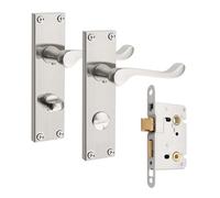 Pinlin Bathroom Satin Nickel Door Handles, Elegant Door Handle Set, Victorian Scroll Door Lever with 45mm Sashlock Latch, Ideal for Internal Wooden Bathroom and Toilet Doors