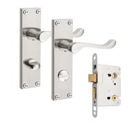 Pinlin Bathroom Satin Nickel Door Handles, Elegant Door Handle Set, Victorian Scroll Door Lever with 57mm Sashlock Latch, Ideal for Internal Wooden Bathroom and Toilet Doors