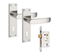 PinLin Entry Satin Nickel Door Handles, Elegant Door Handle Set, Victorian Straight Door Lever with 45mm Sashlock Latch, Ideal for Internal Wooden Bathroom and Toilet Doors
