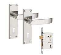 PinLin Entry Satin Nickel Door Handles, Elegant Door Handle Set, Victorian Straight Door Lever with 57mm Sashlock Latch, Ideal for Internal Wooden Bathroom and Toilet Doors