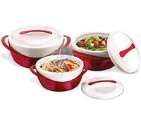 Pinnacle Insulated Casserole Dish with Lid 3 pc. set 2.6/1.25/.6 qt. Elegant Hot Pot Food Warmer/Cooler - Large Thermal Soup/Salad Serving Bowl Stainless Steel, Best Gift Set for Moms, Holidays - Red