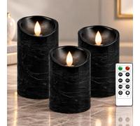 PinnWaa Flameless LED Pillar Candles, 3 Pack, Real Wax, Remote Timer, Black | Battery Operated Flickering Candle Set, Dimmable LED Candles with Adjustable Brightness for Wedding and Holiday Decor