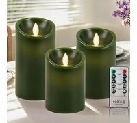 PinnWaa Flameless LED Pillar Candles, 3 Pack, Real Wax, Remote Timer, Green