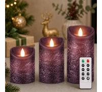 PinnWaa LED Candles Tea Lights 3 Pack, Battery Operated with Remote Control and Timer, Real Wax Candle Warm White Flickering Dimmable Electric Flameless Candle for Household, Party Decoration-Purple