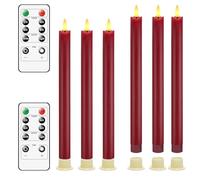 PinnWaa LED Taper Candles Flickering, [Set of 6] Real Wax Warm Fire 3D-Wick Flameless Candlesticks, Home Dinner Table Decor LED Candles with Remote Control and Timer - Red