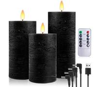 PinnWaa Rechargeable Flameless Pillar Candles, 3 Pack, Remote Timer, Black