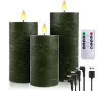 PinnWaa Rechargeable Flameless Pillar Candles, 3 Pack, Remote Timer, Green