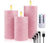 PinnWaa Rechargeable Flameless Pillar Candles, 3 Pack, Remote Timer, Pink