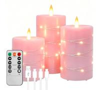 PinnWaa Rechargeable LED Candles, 3 Pack, Real Wax, Remote Timer, Pink