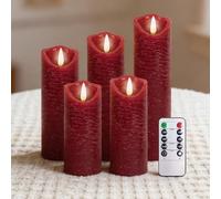 PinnWaa [Set of 5 LED Flameless Candles, Real Wax Candle Pillars, LED Flickering Candles Battery Operated for Household, Party Decoration, with10 Key Remote Control, 24 Hour Timer - Red