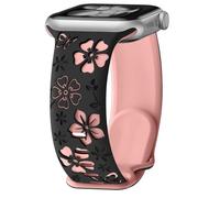 PinnWaa Silicone Watch Band Compatible with Apple Watch Series 11/10 46mm/Ultra 3 49mm/SE 3 44mm, Floral Engraved, Two-Tone Soft Silicone, Sport Strap Men and Women for Watch SE 44mm - Black/Pink