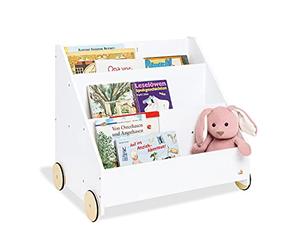 Pinolino Lasse Children's Wooden Bookcase with Wheels, 3 Compartments, 1 Secret Compartment, Rubberised Wooden Wheels, for Ages 3 and Above - White