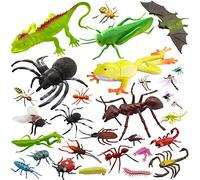 Pinowu 27pcs Bug Toy Figures Playset for Kids Boys, 2-6” Fake Bug Insects - Fake Spiders, Cockroaches, Scorpions, Crickets, Lady Bugs, Butterflies and Worms for Education and Christmas Party Favors