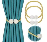Pinowu Magnetic Curtain Tiebacks for Window Décor (2 Pack) - Weave Rope Clips Drapery Pearl Holdbacks for Home Kitchen Office Window Sheer Blackout (Gold)